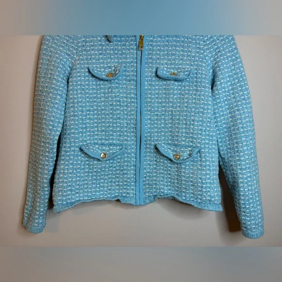 Women’s Talbots collared zip cardigan jacket light blue&white tweed size SP - Picture 3 of 10